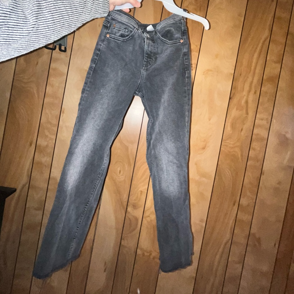 Washed out black straight legged jeans with fringed bottoms - side 2